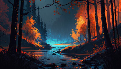 Fototapeta na wymiar Fantasy landscape with forest and river. Digital painting, generative ai