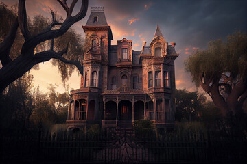 Spooking old haunted mansion illustration. Generative AI. - obrazy, fototapety, plakaty