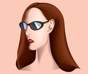 vector illustration of a young beautiful woman with long dark hair and sunglasses