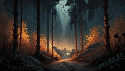 Digital painting of a path through a forest with fog in the background, generative ai