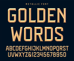 Fototapeta na wymiar Classic golden metallic beveled decorative font, gold, brass or bronze alphabet and numbers. Upper case. Vector illustration.
