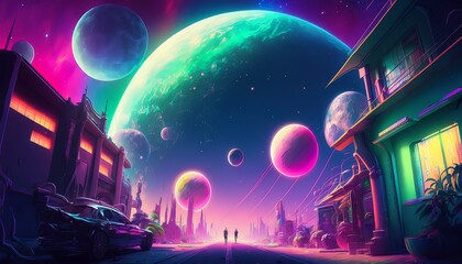 Fototapeta na wymiar Universe colorful planetary background. Fantasy futuristic world. Generative AI technology.