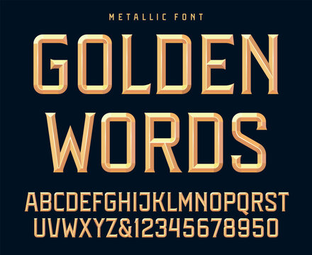 Classic golden metallic beveled decorative font, gold, brass or bronze alphabet and numbers. Upper case. Vector illustration.