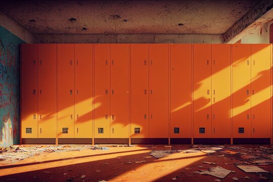 Row Of Bright Orange Lockers Inside A Decaying Abandoned School With Graffiti. Generative AI