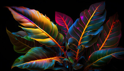 Colorful feathers on black background, AI