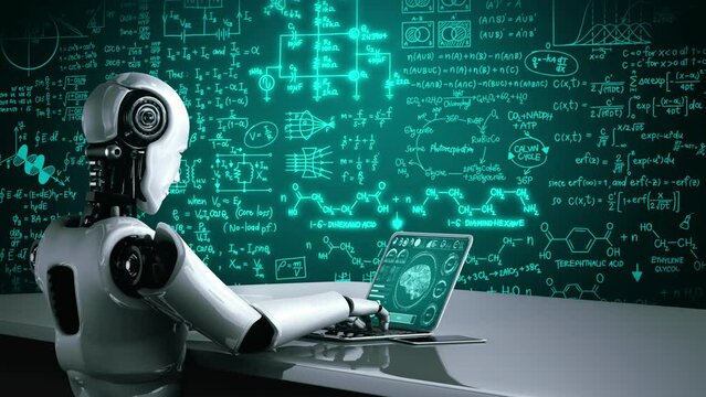 Robot hominoid use laptop and sit at table for engineering science studying using AI thinking brain , artificial intelligence and machine learning process for 4th industrial revolution . 3D rendering