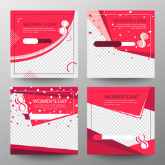 International Women's Day. Instagram 8 March posts collection. Editable post template set for banner sale, invitation, stories, streaming. Screen backdrop for mobile app. Social media story mockup.