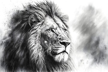High quality and realistic illustration of a wild lion in black and white tones. Generative AI.