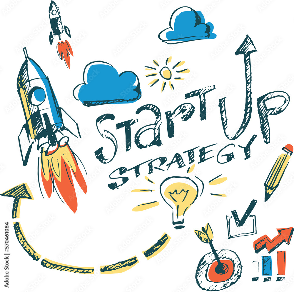 Wall mural hand drawn sketch of concept inforgraphics startup strategy - png image with transparent background