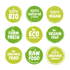 Set Fresh healthy organic vegan food logo labels and tags. Vector hand drawn illustration. Vegetarian eco green concept.