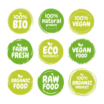 Set Fresh healthy organic vegan food logo labels and tags. Vector hand drawn illustration. Vegetarian eco green concept.