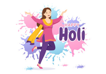 Happy Holi Festival Illustration with Colorful Pot and Powder In Hindi for Web Banner or Landing Page in Flat Cartoon Hand Drawn Templates