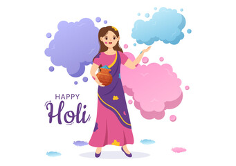 Happy Holi Festival Illustration with Colorful Pot and Powder In Hindi for Web Banner or Landing Page in Flat Cartoon Hand Drawn Templates