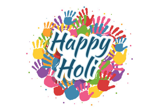 Happy Holi Festival Illustration with Colorful Pot and Powder In Hindi for Web Banner or Landing Page in Flat Cartoon Hand Drawn Templates
