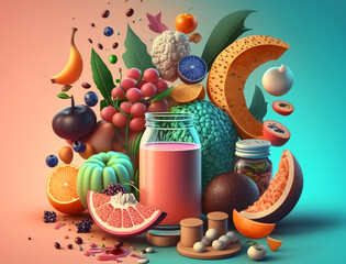 Fototapeta premium Ai mix food 3d illustration with fresh fruits presentation, hydration healthy drinks, glasses. Concept of balanced diet, ingredients meals, health benefits nutrients vitamins, superfood. copy space