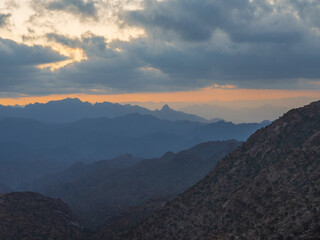 Fototapeta na wymiar golden hour with saudi arabia mountain landscape