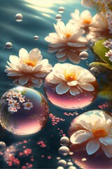 Naklejka na ściany i meble group of flowers floating on top of a body of water. generative ai.