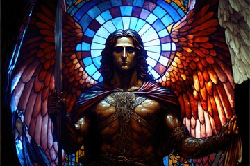 Stained-Glass Angel, AI Generated Image of A Leaded Glass Church Window Depicting an ArchAngel