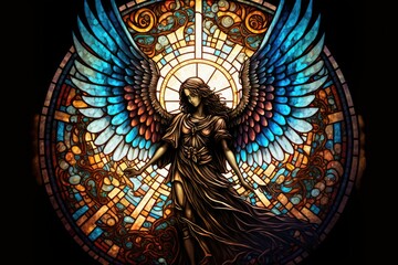 Stained-Glass Angel, AI Generated Image of A Leaded Glass Church Window Depicting an ArchAngel - obrazy, fototapety, plakaty