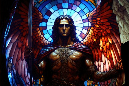 Stained-Glass Angel, AI Generated Image of A Leaded Glass Church Window Depicting an ArchAngel