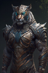 Fototapeta na wymiar Portrait of Humanoid Tiger Beast Warrior. Fantasy Scenery Game Character, Tiger Soldier Role-playing game illustration. Generative AI