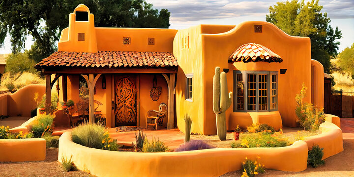 Southwestern style adobe house built with adobe clay and a mix of hispanic and native american architectural design