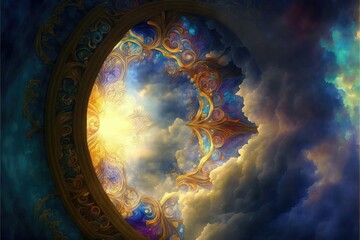 Spiritual Portal to Nirvana, AI Generated Image of a Window in the Clouds to Heaven