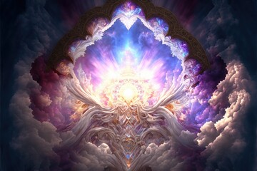 Stained Glass Window and Cloud Heavenly Abstraction, Ai Generated Image of a Magical Heavenly Sky with a Stained Glass Window