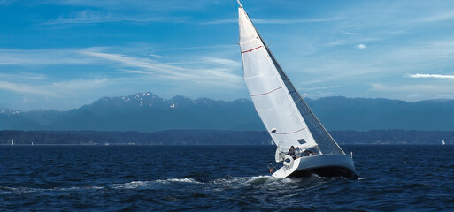 Isolated sailboat sailing into strong winds heeling over with speed in Elliott Bay near Seattle with Olympic Mountains in the background. - obrazy, fototapety, plakaty