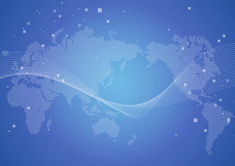 青の世界地図とウェーブ抽象背景