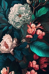 Lavish Floral Wallpaper, AI Generated Wallpaper Made of Decadent Flowers, Gardenias, Chrysanthemums, Tea Rose, Peonies