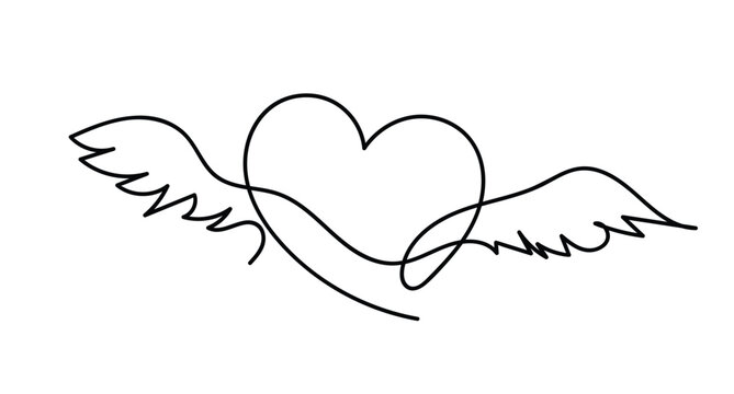 Continuous one line drawing flying heart love with wings. Romantic love. Holiday celebration, wedding invitation, greeting card on white background. Single line draw design vector graphic illustration