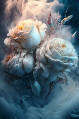 Naklejka na ściany i meble bunch of white roses sitting on top of a cloud. generative ai.