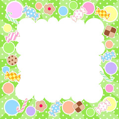 サンバーストとドットに丸とお菓子をちりばめたカラフルな背景にもこもこの吹き出し―フレーム
