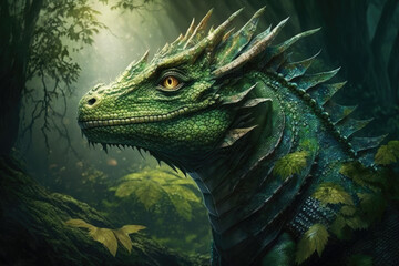 a green dragon in the green forest. Generative AI