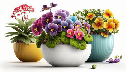 three pots of planted spring flowers (generative ai)