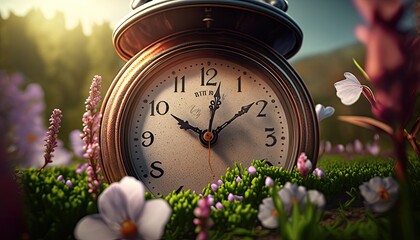 Spring flowers and a clock, daylight savings time (generative ai)