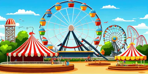 Photo sur Plexiglas Parc dattractions A festive carnival amusement park with ferris wheel and other entertaining rides outdoors