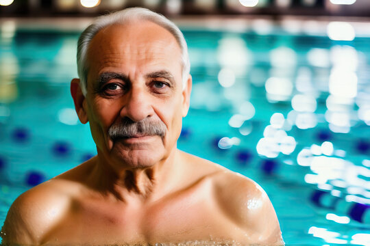 Portrait of a Senior Cypriot Man in Indoor Swimming Pool Generative AI Photo