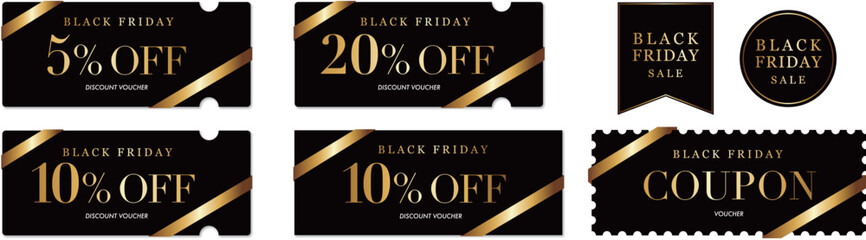 ブラックフライデーセールに使える黒と金のクーポンベクターセット
