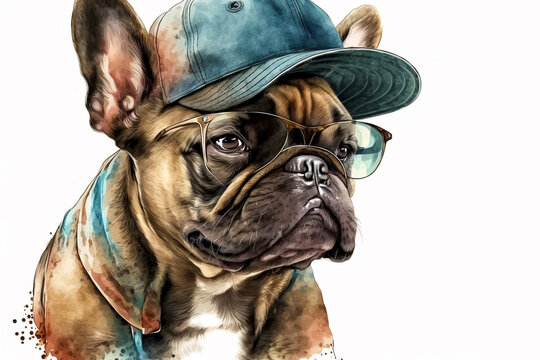 French Bulldog in baseball cap and sunglasses. Watercolor art. Generative AI