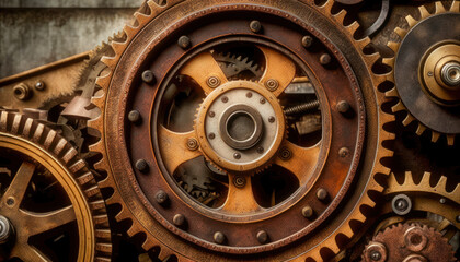 Vintage rusty Machinery gears steampunk background. Generative AI