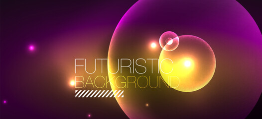 Shiny neon geometric abstract background. Glowing lights on round shapes, triangles and circles. Wallpaper for concept of AI technology, blockchain, communication, 5G, science, business