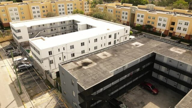 Apartment building Overtown Miami Florida USA. 4k aerial drone video. high crime low income neighborhoods