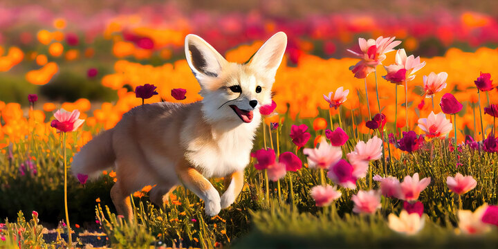 Cute Fennec Fox frolicking through a floral field - colorful flowers everywhere in the spring while this predator hunts