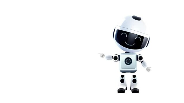 A small robot. Big head. Conducting a presentation. White background.