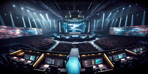 Modern futuristic esports arena - empty arena with no people ready for competitive gaming and big crowds. - obrazy, fototapety, plakaty