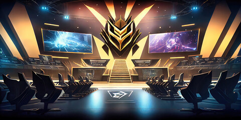 Modern futuristic esports arena - empty arena with no people ready for competitive gaming and big crowds.