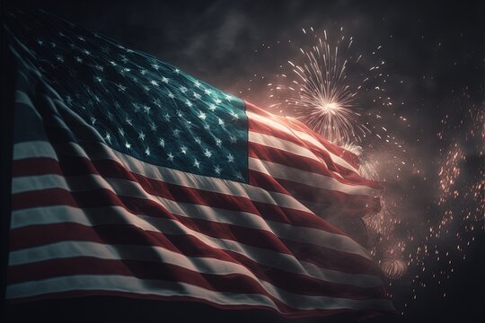 American flag with fireworks at night