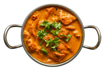 indian butter chicken curry in balti dish top down view and isolated with cilantro garnish - obrazy, fototapety, plakaty